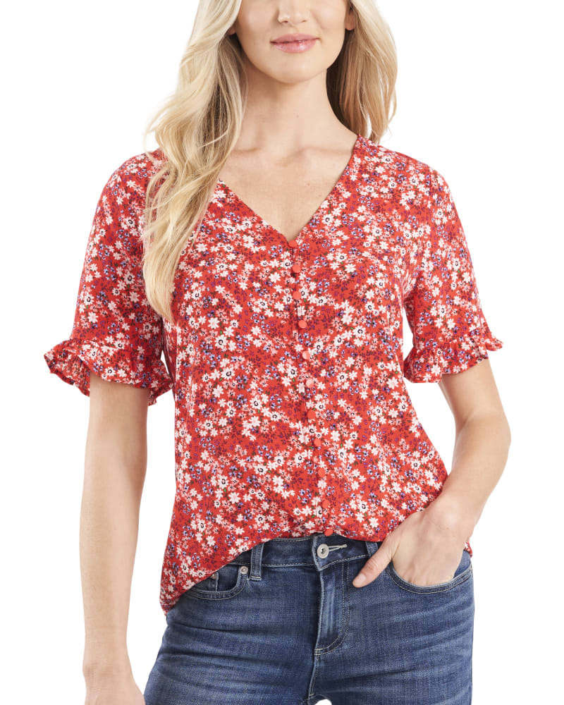 Front of plus size Loretta Button Loop Frill Sleeve Top by CeCe | Dia&Co | dia_product_style_image_id:192758